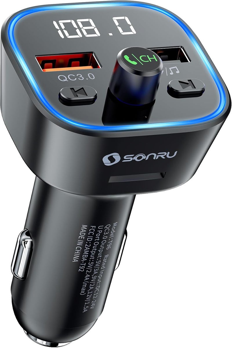 SONRU Bluetooth 5.3 FM Transmitter, Wireless Radio Adapter Car Kit, Audio Receiver Car Charger, Wireless FM Radio Transmitter, Hands-Free Calling and 2 USB Ports Charger - Image 1
